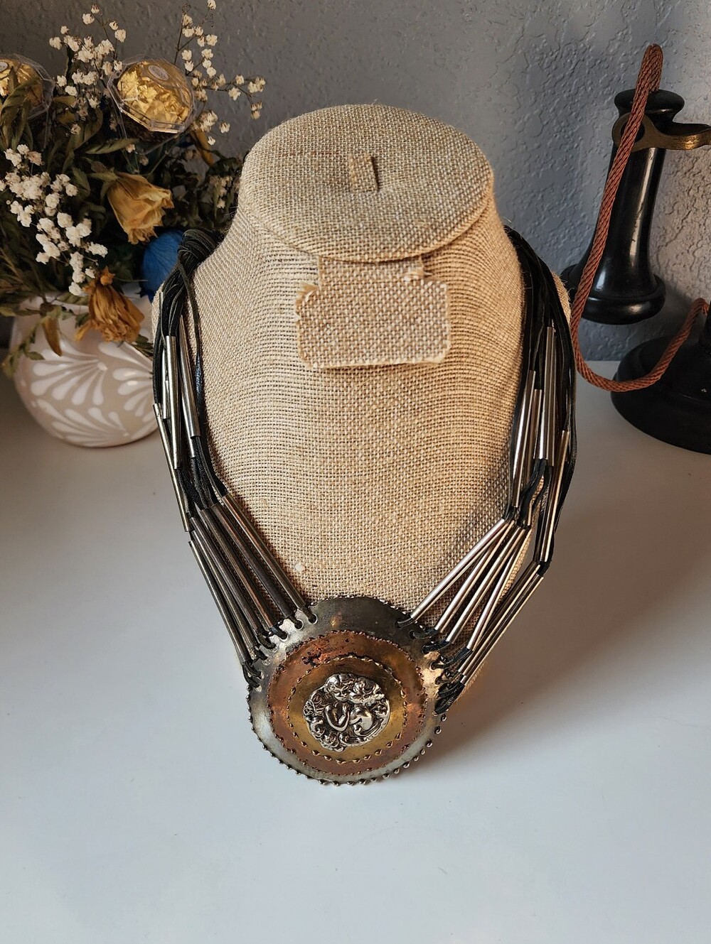 Vintage Mixed Metal Statement Necklace Chunky Multi Strand Medallion Choker